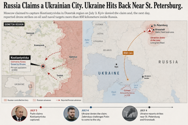 Putin Falsely Claims Capture of Eastern Ukrainian City as Ukraine Hits Oil and Naval Targets Near St. Petersburg